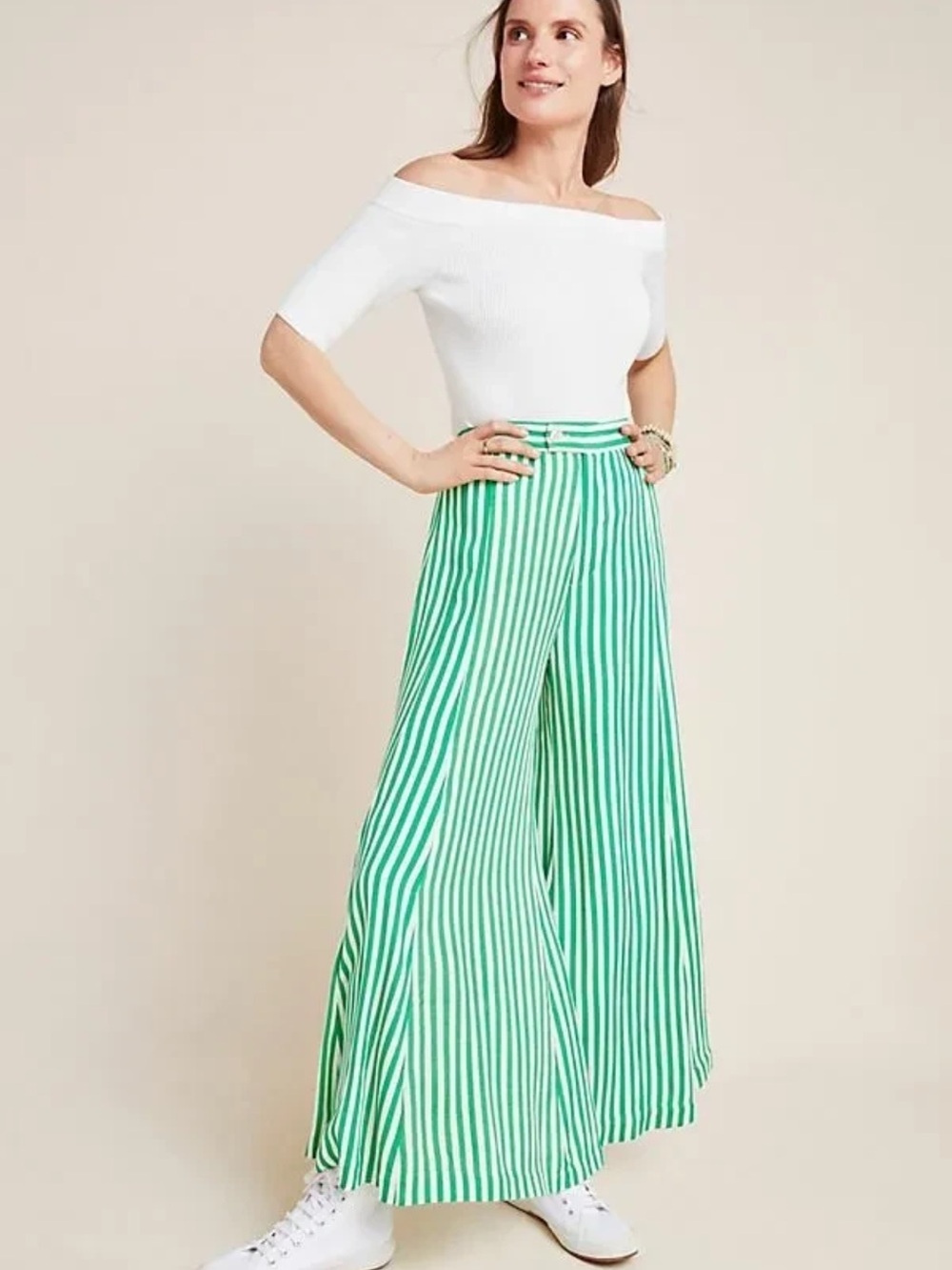 Anthropologie wide leg palazzo green and white stripe pants flowy size 0